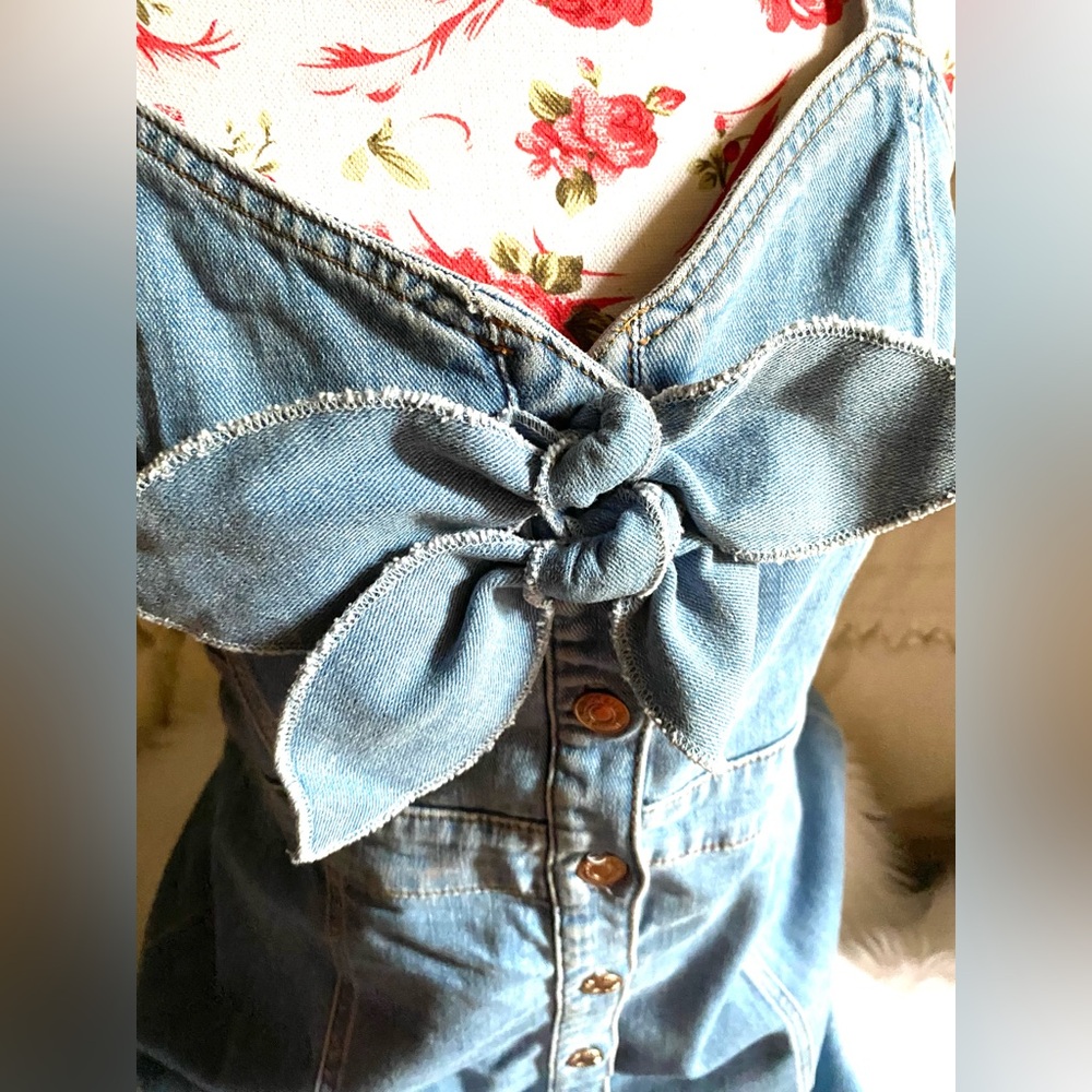 7 For All Mankind Blue Mini Denim Dress with Bow Detail - Picture 3 of 13